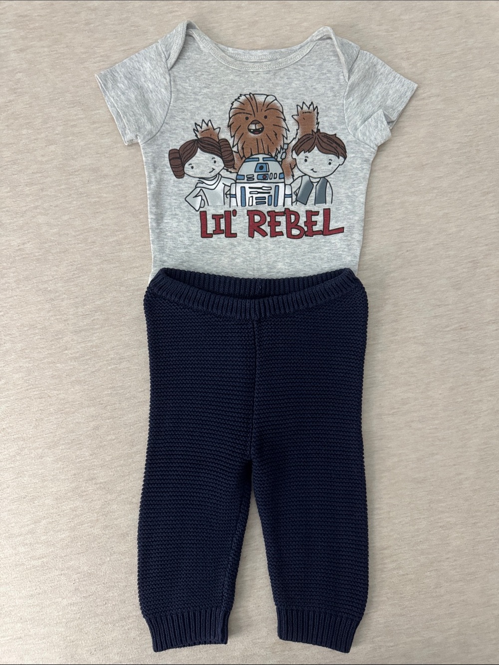 Star Wars Bodysuit With Navy Knit Pants To Match